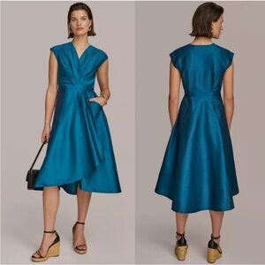 DONNA KARAN A-Line Wrap Dress Faux Dupioni Vibrant Teal Blue Size 10
